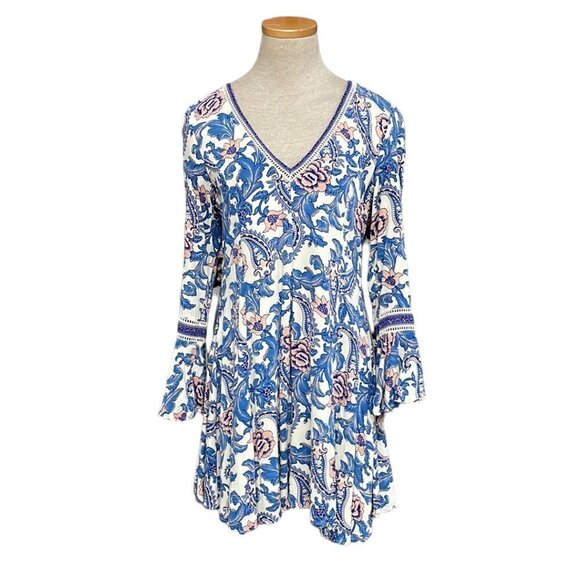 Spell and the Gypsy Collective Mini Dress Flare Sleeves Blue Floral Size Small - Picture 1 of 17